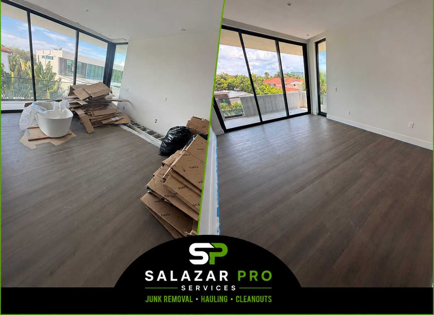Before and after condo renovation debris removal, Miami Beach