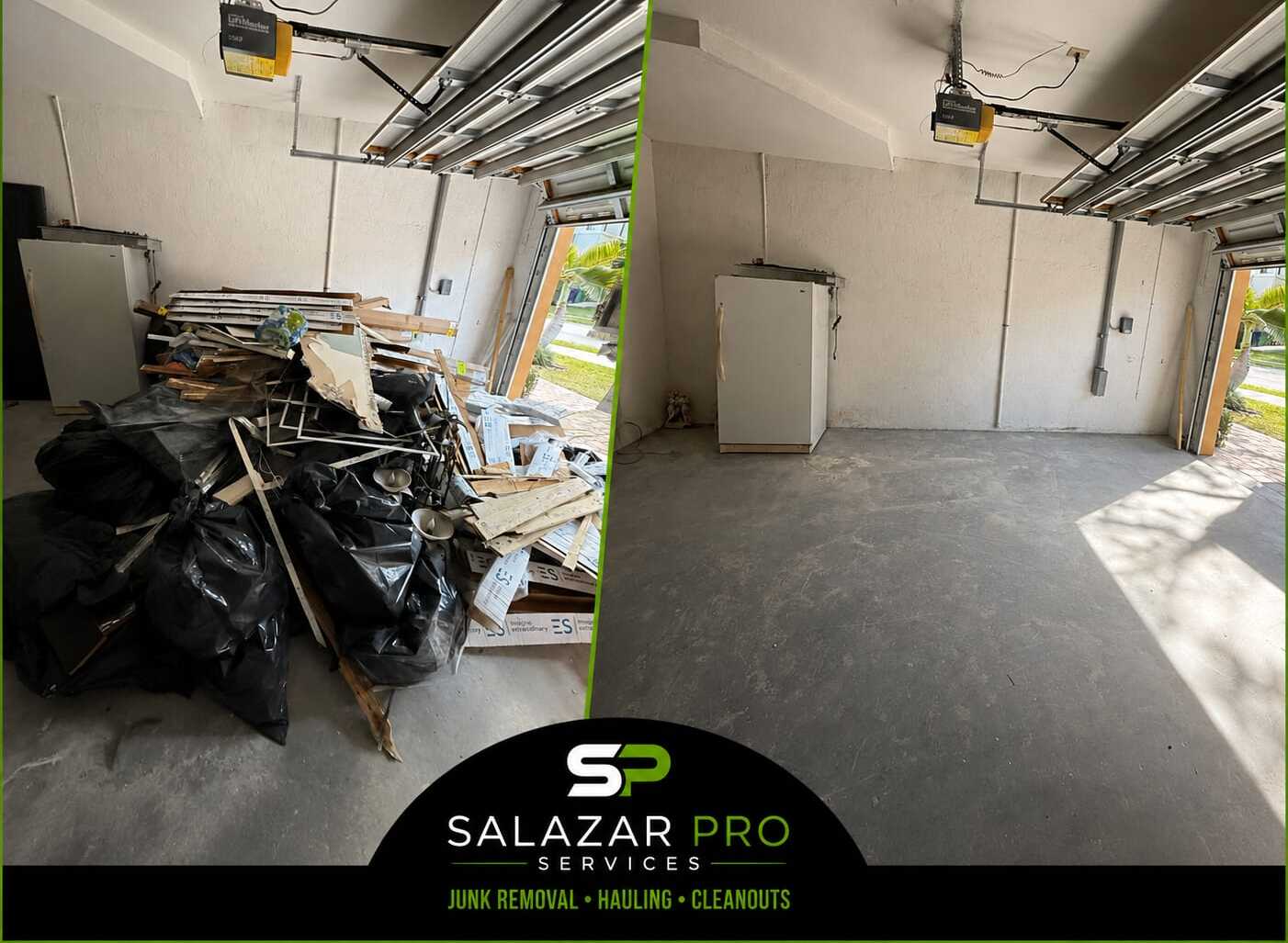 Before and after garage cleanout with appliance removal, Miami