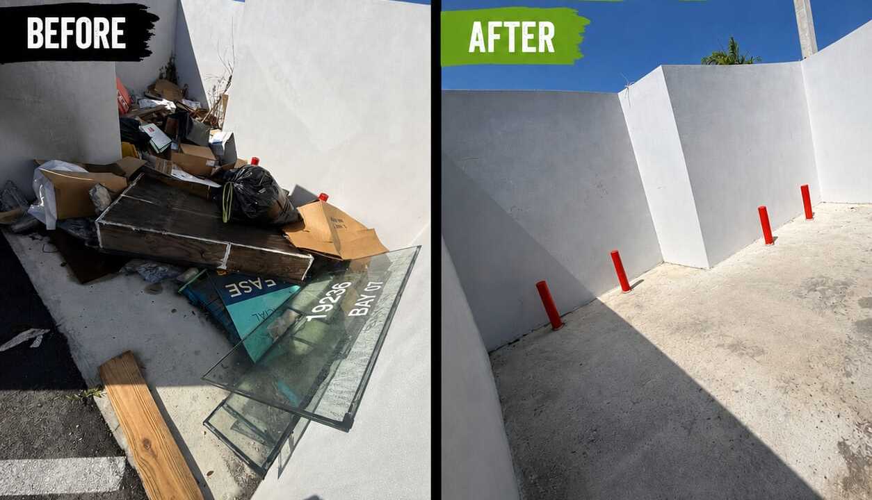 Loading dock debris before and after removal